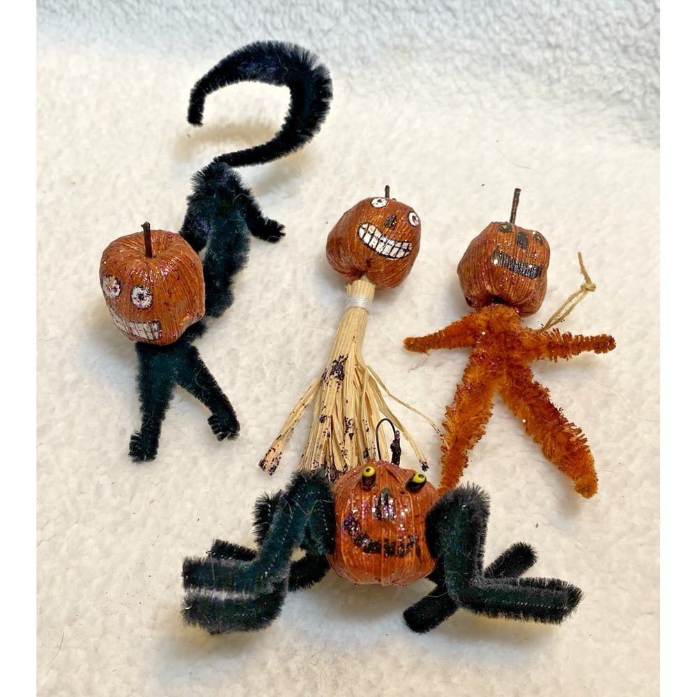 4 Vtg Halloween Chenille Pumpkin JOL Head Cat Man Spider Hanging Ornaments Prim